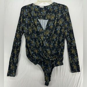 Free People Intimately Black Green Floral‎ Long Sleeve Bodysuit Wrap Top S